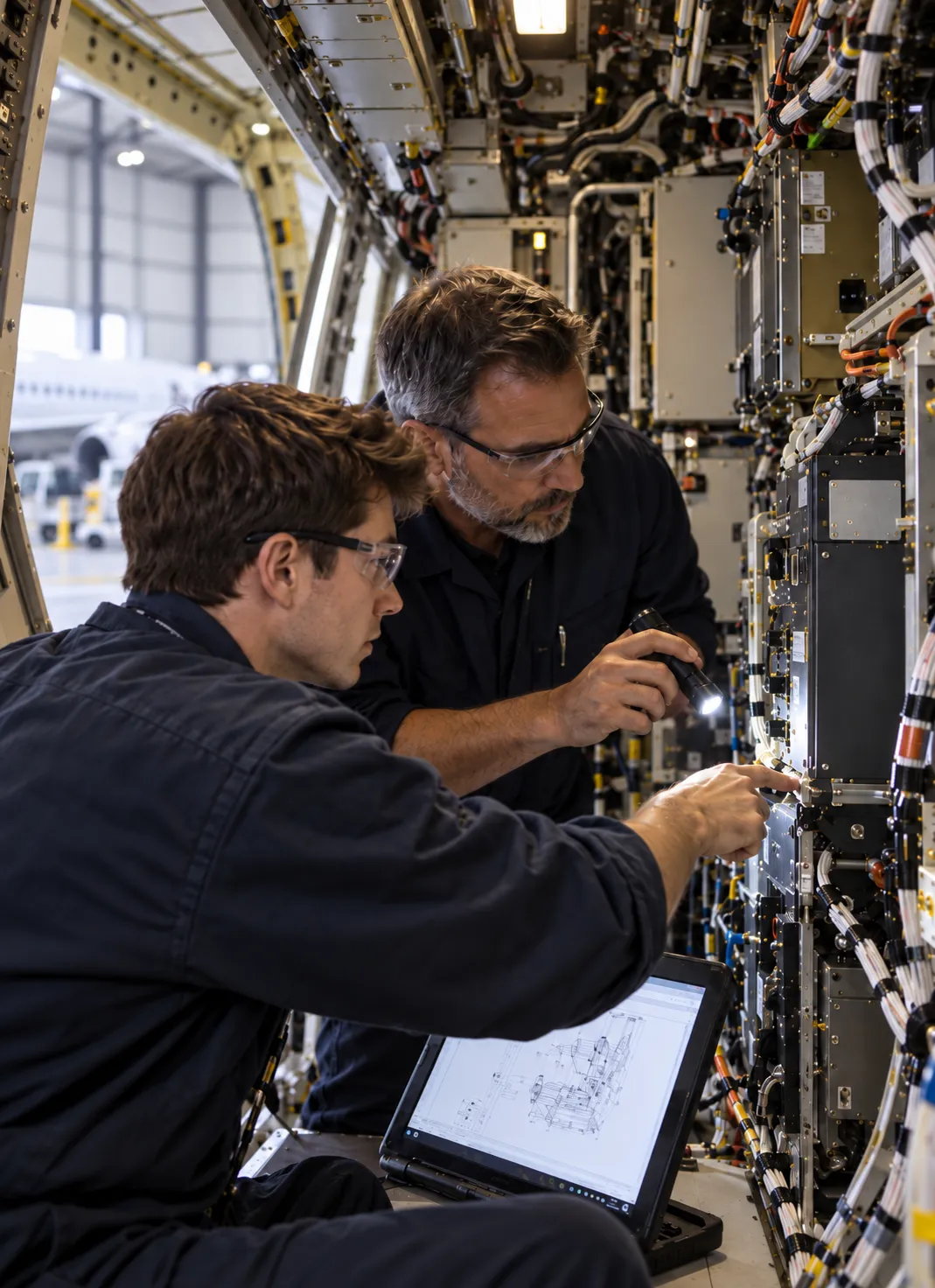An expert and a maintainer working on an aircraft's electronics bay