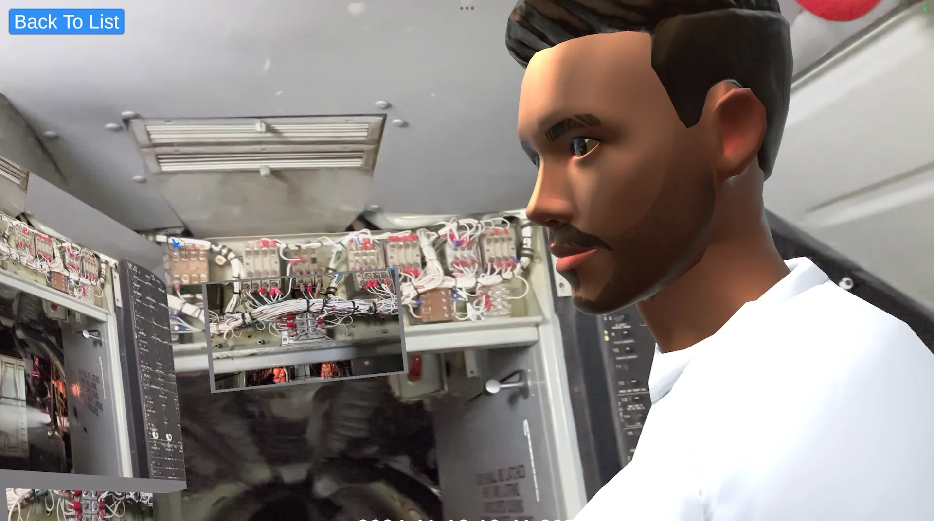 A virtual coach avatar beside an equipment rack