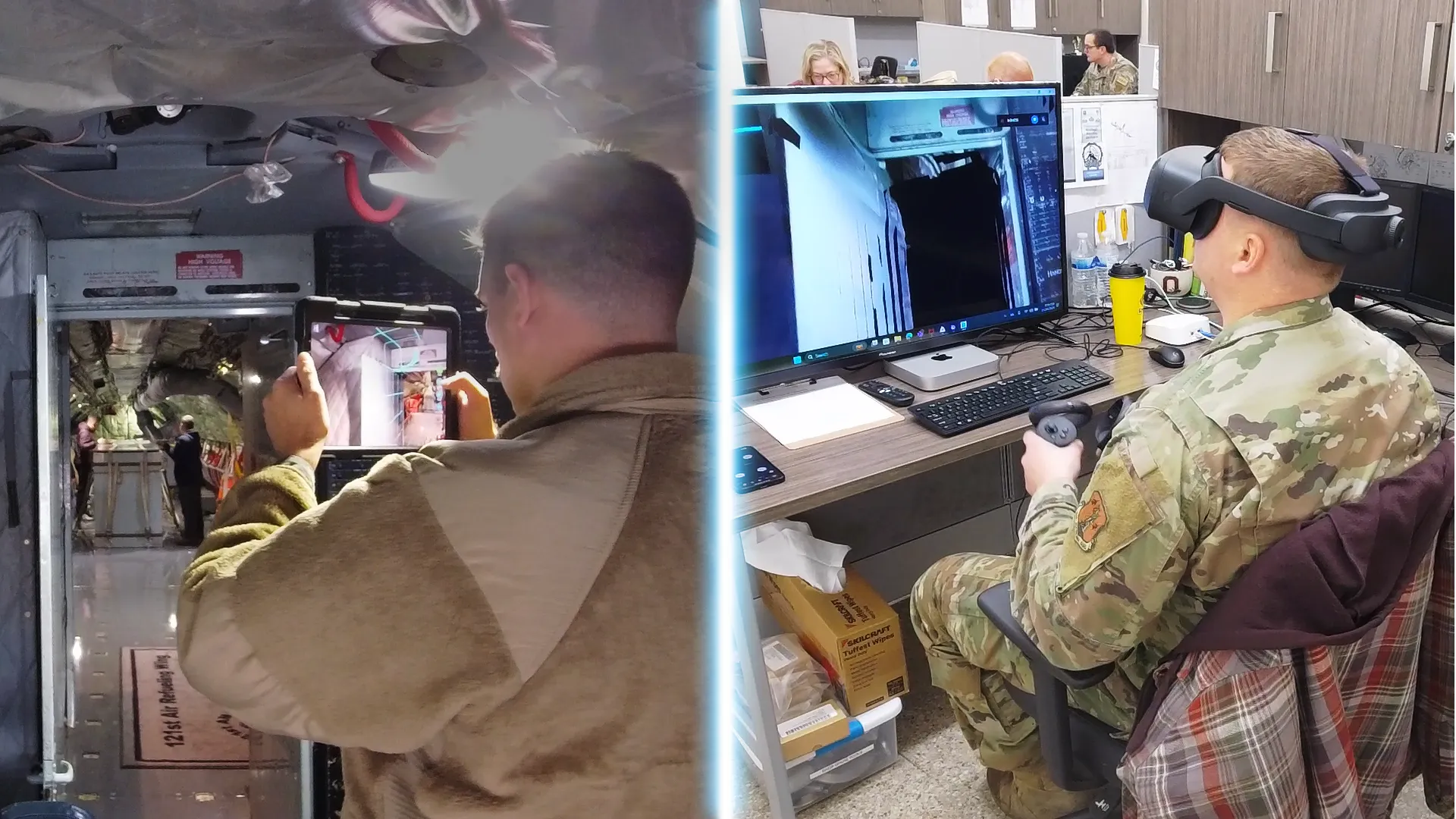 A maintainer inside an aircraft with an iPad, and a remote airman joining in a VR headset